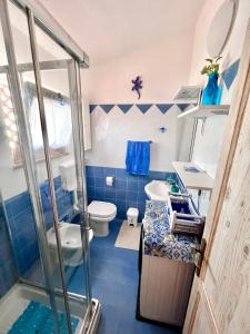 ein blau-weißes Bad mit einem WC und einem Waschbecken in der Unterkunft DOMUS HENRICUS -THREEROOM APARTMENT IN PORTO POLLO 400 Meters from the sea in Porto Pollo