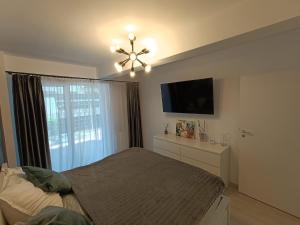 1 dormitorio con 1 cama y TV de pantalla plana en Apartament rafinat cu grădină privată, en Floreşti