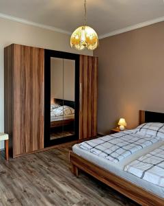 1 dormitorio con 1 cama grande y espejo grande en Hanna Apartman, en Balatonlelle