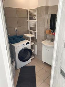baño pequeño con lavadora y lavamanos en White Apartments, en Katowice