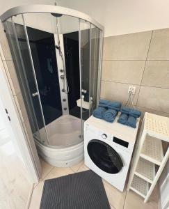 łazienka z prysznicem i pralką w obiekcie White Apartments w mieście Katowice