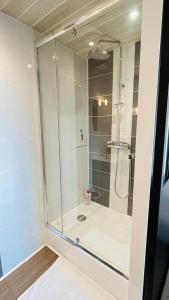 um chuveiro com uma porta de vidro na casa de banho em Le Coeur de Pontarlier em Pontarlier