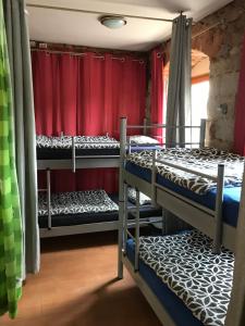grupa łóżek piętrowych w pokoju z czerwonymi zasłonami w obiekcie Hostel Meissen Old Town Bridge w mieście Miśnia