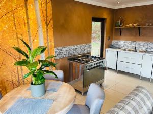 a kitchen with a wooden table with a potted plant at Langalanga on the mountain bend in Tzaneen