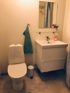 ein Badezimmer mit einem weißen WC und einem Waschbecken in der Unterkunft Hatty's Guesthouse in Motala