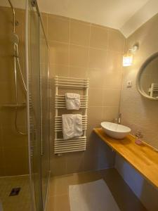 a bathroom with a shower and a sink and a shower at L'Atterrissage in Santes