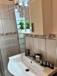 y baño con lavabo y espejo. en Miha modern and central apartament Malul Mureșului en Arad