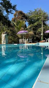 a swimming pool with a purple umbrella and chairs and an umbrella at Pousada Vila Cintra in Pirenópolis
