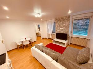 a living room with a couch and a television at PETiT MULHOUSE 201 in Mulhouse