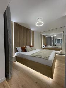 1 dormitorio con 1 cama grande y espejo grande en Palas Loft en Iaşi