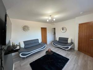 a living room with two couches and a tv at Cosy, Modern Home Near BHX, NEC and City Centre in Birmingham