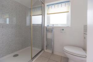 a bathroom with a shower and a toilet and a window at Atlantic Blue in Carbis Bay