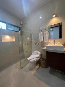 a bathroom with a shower and a toilet and a sink at Hotel Ko'ox Wenne in Tulum