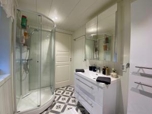 ein weißes Bad mit einer Dusche und einem Waschbecken in der Unterkunft Mountain Panorama in Bøstad