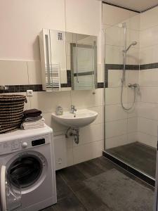 ein Badezimmer mit einer Waschmaschine und einem Waschbecken in der Unterkunft Apartment Düsseldorf-Süd in Düsseldorf