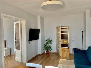 salon z niebieską kanapą i telewizorem w obiekcie Two bedroom apartment Barinu street w mieście Lipawa