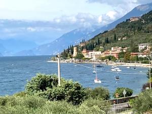 a view of a bay with boats in the water at Hotel Zanetti in Torri del Benaco