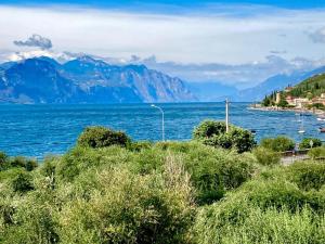 Blick auf einen Wasserkörper mit Bergen in der Unterkunft Hotel Zanetti in Torri del Benaco