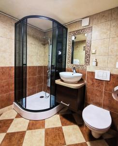 a bathroom with a shower and a sink and a toilet at Najlepsze Miejsce - pokoje i apartamenty w Krakowie in Kraków