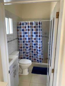 a bathroom with a toilet and a shower curtain at Cozy Studio Apartment in Quiet Neighborhood! in Philipsburg