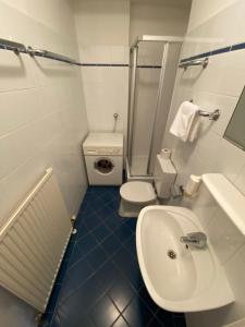 La salle de bains blanche est pourvue de toilettes et d'un lavabo. dans l'établissement Appartement Pension 700m zum Ring, à Vienne