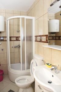 W łazience znajduje się prysznic, toaleta i umywalka. w obiekcie Apartments by the sea Korcula - 6016 w Korčuli