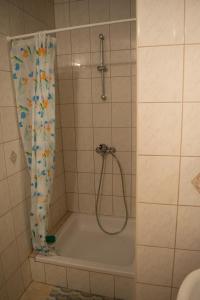uma casa de banho com banheira e cortina de chuveiro em Apartment Lokva Rogoznica 6005a em Lokva Rogoznica