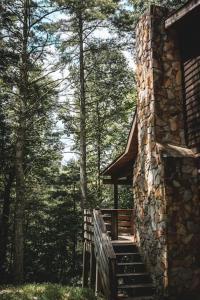 eine Holzbank neben einem Steingebäude mit Bäumen in der Unterkunft Wolf Creek Cabin at 36 North - Hot Tub in Purlear