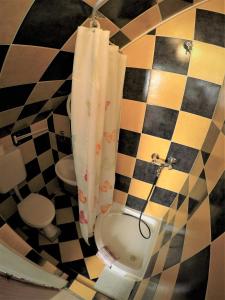 a bathroom with a toilet and a shower curtain at Apartments and rooms by the sea Bibinje, Zadar - 6199 in Bibinje