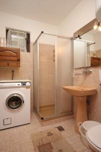 uma casa de banho com um chuveiro e uma máquina de lavar roupa em Apartments with a parking space Ravni, Labin - 7613 em Ravni