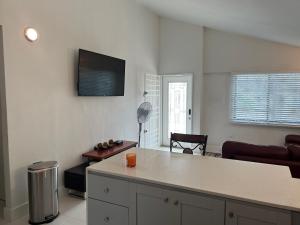 uma cozinha e sala de estar com um balcão e uma televisão na parede em Joy Estate Rooftop Pool n View unit #1 em Falmouth