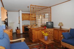 カヴァレーゼにあるResidence Casa Cavaleseのリビングルーム(テレビ、青いソファ付)