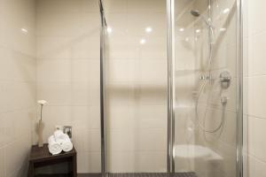 a shower with a glass door in a bathroom at Aparthotel DeLuxe in Oberkochen