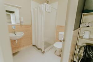 uma casa de banho com um chuveiro, um WC e um lavatório. em Waitomo Village Chalets home of Kiwipaka em Cavernas de Waitomo
