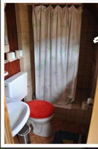 フュルステンベルク・ハーヴェルにあるMobile-Homeのバスルーム(白いトイレ、シャワー付)