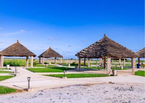 a group of straw umbrellas in a park at Bojang River Lodge in Bakau