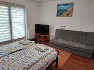 a living room with a bed and a couch at BM Apartman in Zalakaros