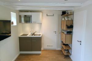 een keuken met een spoelbak en een aanrechtblad bij Appartement Backbord in Hörnum