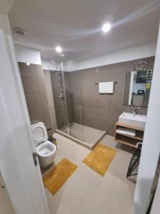 Un baño con inodoro, ducha y lavabo. en Luxurious 2 Bedroom Space Available, en Accra
