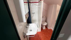 La salle de bains est pourvue d'un lavabo et de toilettes. dans l'établissement Hôtel Saint James, à Biarritz