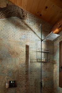 een badkamer met een douche en een stenen muur bij Stolidi Mou Treehouse in Atsipopoulo
