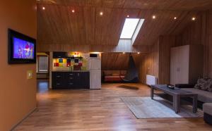 ein Wohnzimmer mit einem Sofa und einer Küche in der Unterkunft Abariaus Apartamentai in Druskininkai