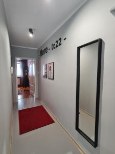 a hallway with a mirror and a red rug at Apartament Vincent in Toruń