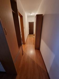 pasillo de un apartamento con puertas y suelo de madera en Apartments D&D, en Požarevac