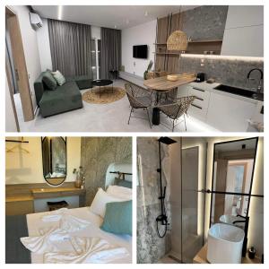 a collage of three pictures of a hotel room at Aelia Apartments in Makry Gialos