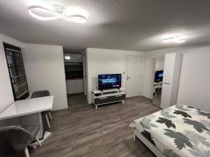 a bedroom with a bed and a flat screen tv at Patche Residence - A Wine Cellar Hideaway in the Historic Home of Revolutionary Metodi Patche in Ohrid