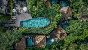 an overhead view of a swimming pool with a resort at The Kayon Resort in Ubud