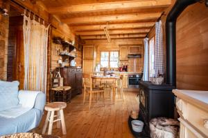 a kitchen and living room with a stove in a cabin at Chalet du Bois Joli in Saint-Laurent-en-Grandvaux