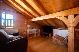 a living room with a couch and a tv at Chalet du Bois Joli in Saint-Laurent-en-Grandvaux