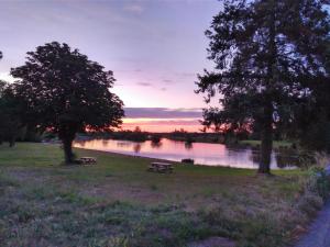 un parco con due tavoli da picnic di fronte a un lago di Chambres dans maison proches Nantes et Vallet a Le Landreau